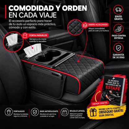 Cojín universal 5 en 1 con portavasos y caja para pañuelos integrado + Guia gratis "Que tu mecanico no te estafe"