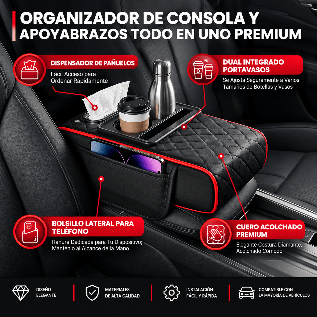 Cojín universal 5 en 1 con portavasos y caja para pañuelos integrado + Guia gratis "Que tu mecanico no te estafe"