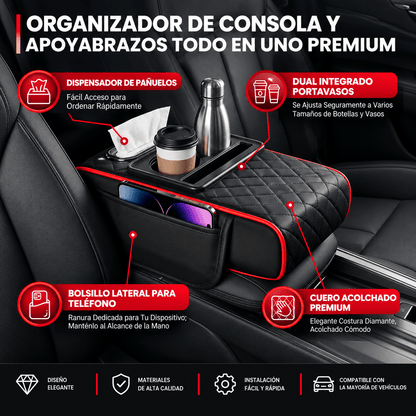 Cojín universal 5 en 1 con portavasos y caja para pañuelos integrado + Guia gratis "Que tu mecanico no te estafe"