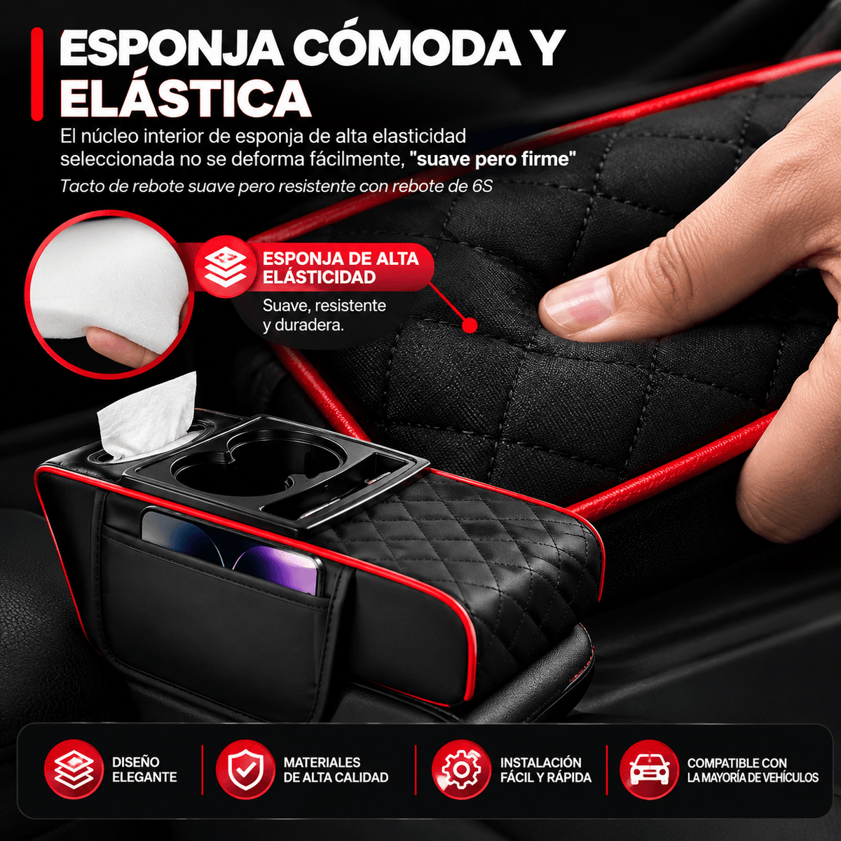 Cojín universal 5 en 1 con portavasos y caja para pañuelos integrado + Guia gratis "Que tu mecanico no te estafe"
