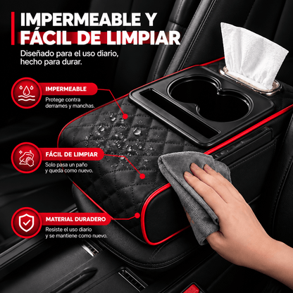 Cojín universal 5 en 1 con portavasos y caja para pañuelos integrado + Guia gratis "Que tu mecanico no te estafe"