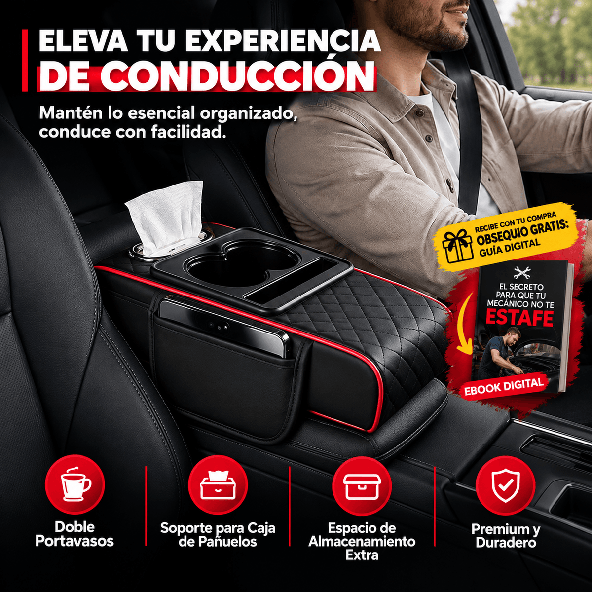 Cojín universal 5 en 1 con portavasos y caja para pañuelos integrado + Guia gratis "Que tu mecanico no te estafe"