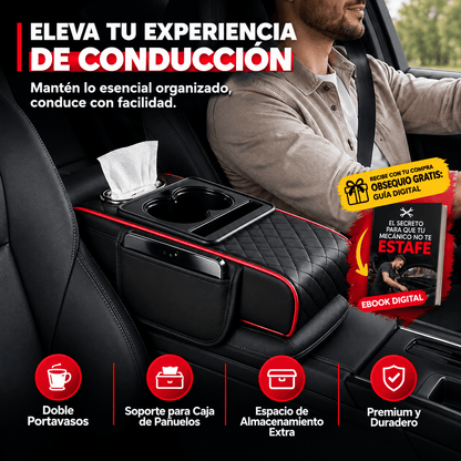 Cojín universal 5 en 1 con portavasos y caja para pañuelos integrado + Guia gratis "Que tu mecanico no te estafe"