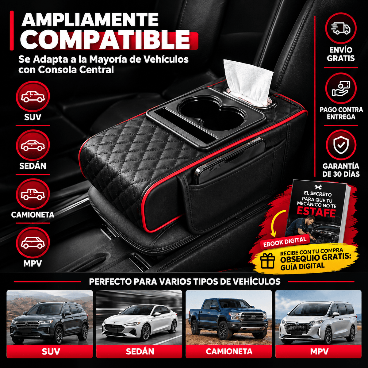 Cojín universal 5 en 1 con portavasos y caja para pañuelos integrado + Guia gratis "Que tu mecanico no te estafe"