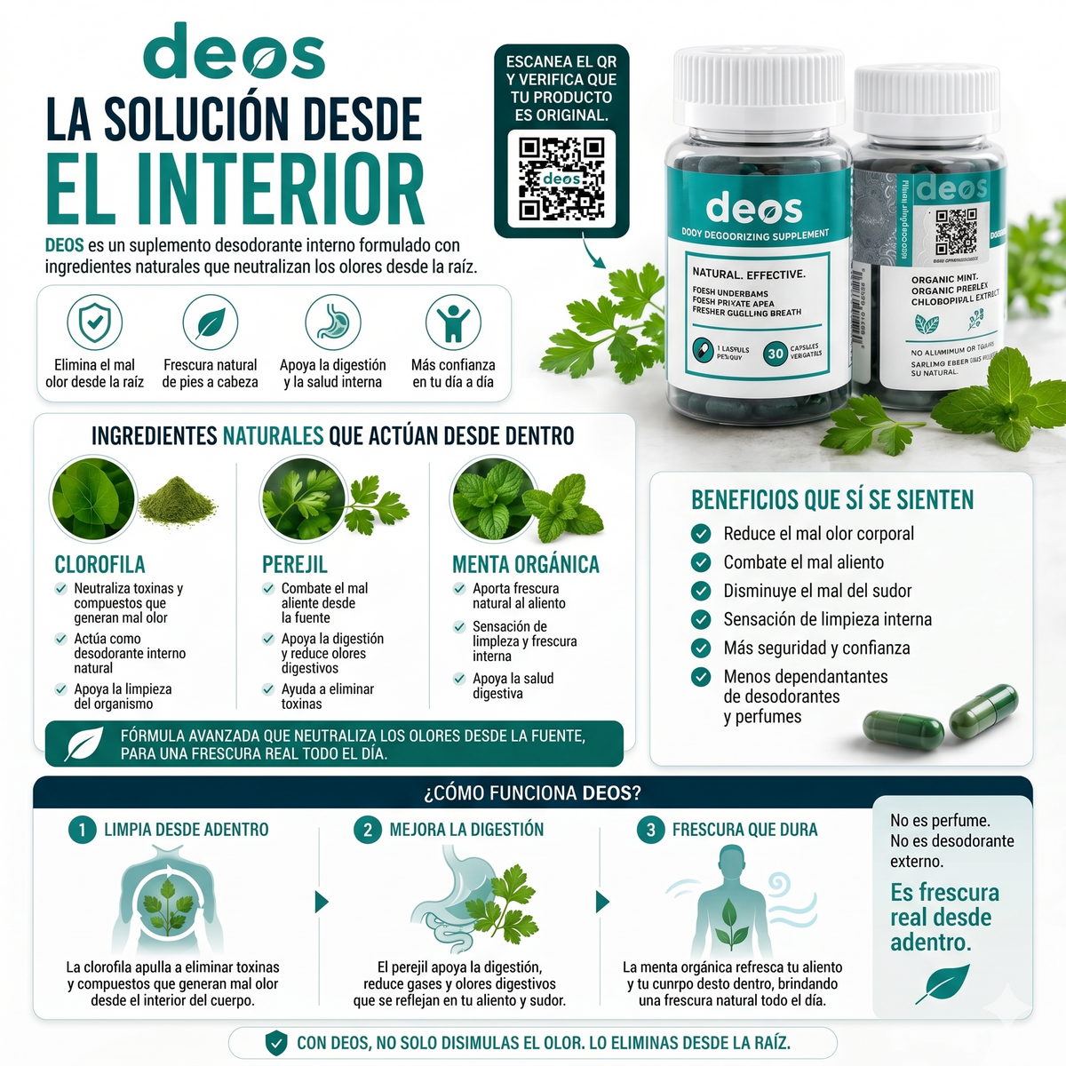 Deos® Suplemento desodorante interno- Elimina malos olores corporales de aliento, pies, axilas y zona intima