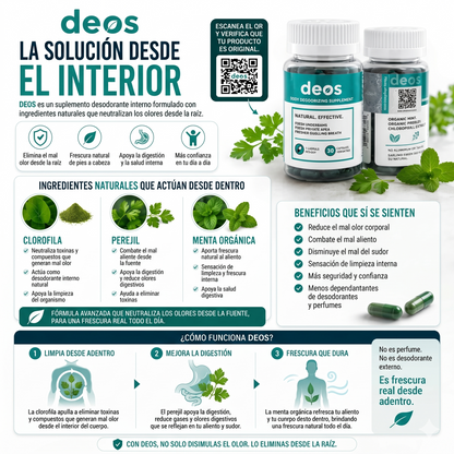Deos® Suplemento desodorante interno- Elimina malos olores corporales de aliento, pies, axilas y zona intima