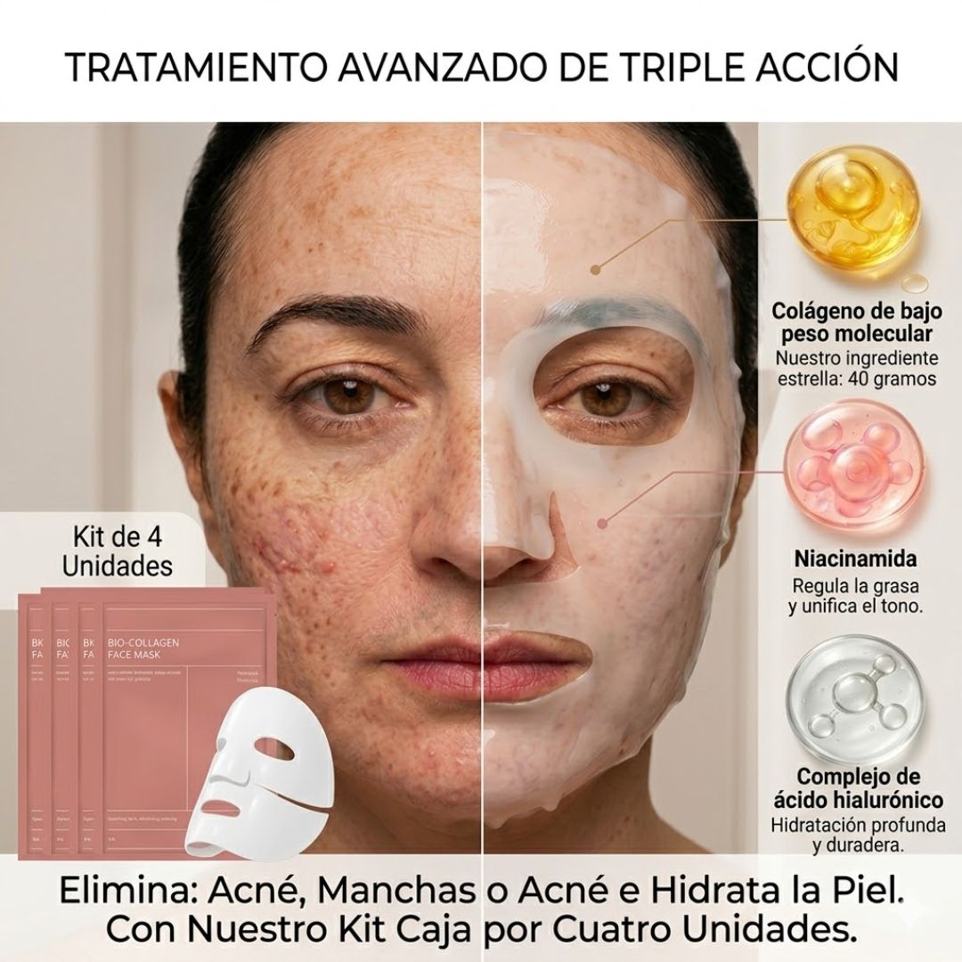 Kit x4 mascarillas de BIO-Colageno Coreano - Hidrata, rejuvenece, elimina acné y manchas pos acné