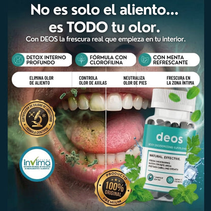 Deos® Suplemento desodorante interno- Elimina malos olores corporales de aliento, pies, axilas y zona intima