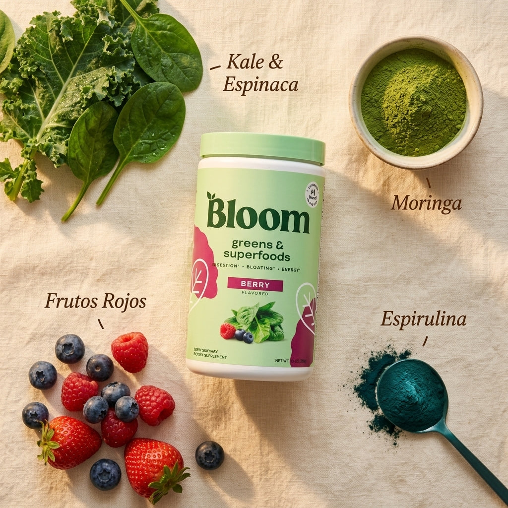Ingredientes naturales Bloom Greens: kale, moringa, frutos rojos y espirulina