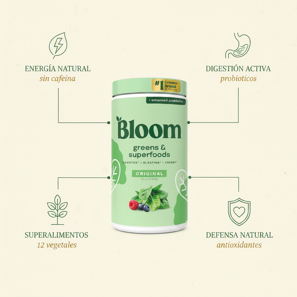 Beneficios Bloom Greens: energia natural, digestion activa, superalimentos, defensa natural
